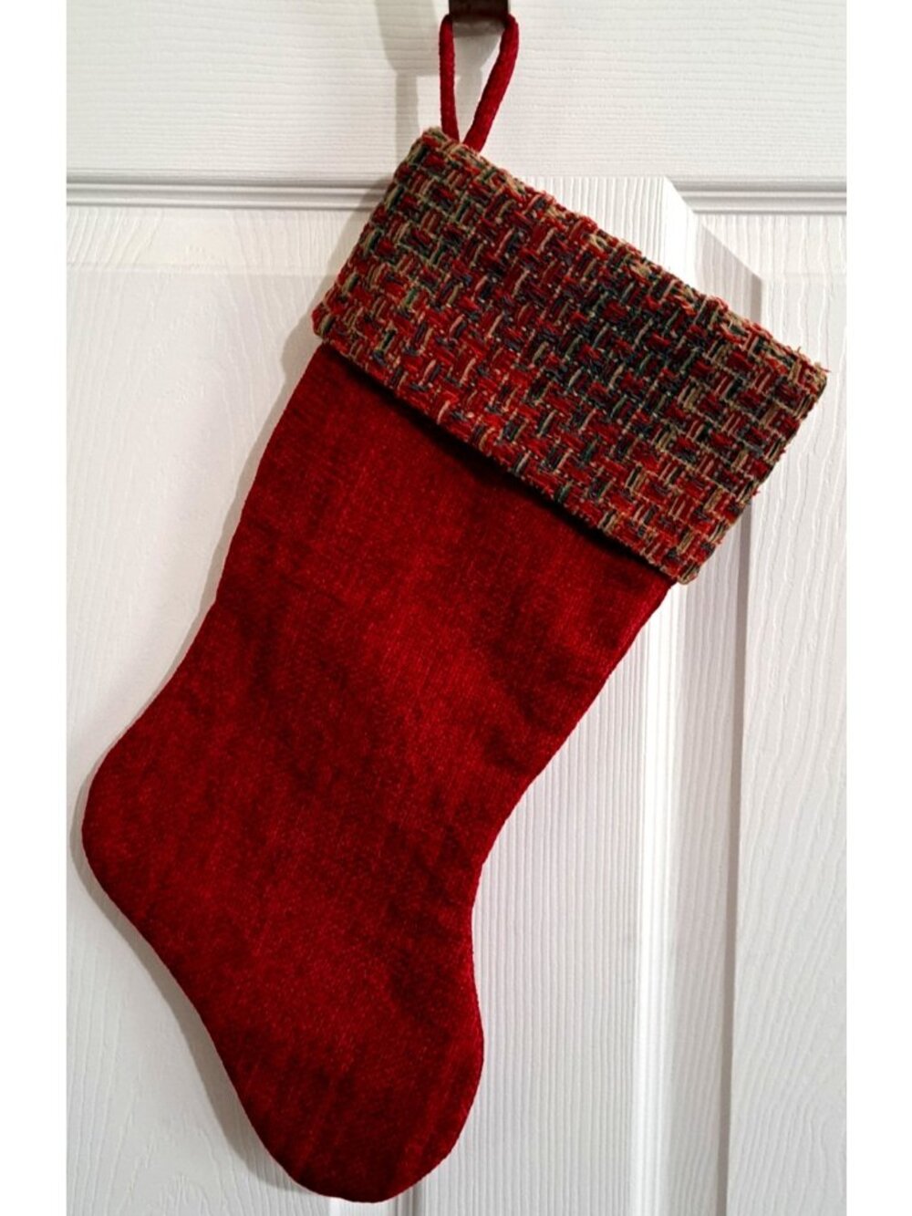 Santa's Best Red Woven Christmas Stocking with Multicolor Cuff and Hang Loop
